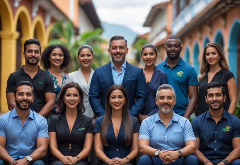 Grupo diversificado de pessoas brasileiras em ambiente urbano ao ar livre, mostrando rostos únicos e expressões variadas.