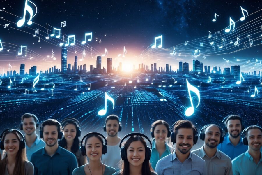 Cidade futurista feita de notas musicais e ondas sonoras com pessoas diversas ouvindo música usando fones de ouvido.