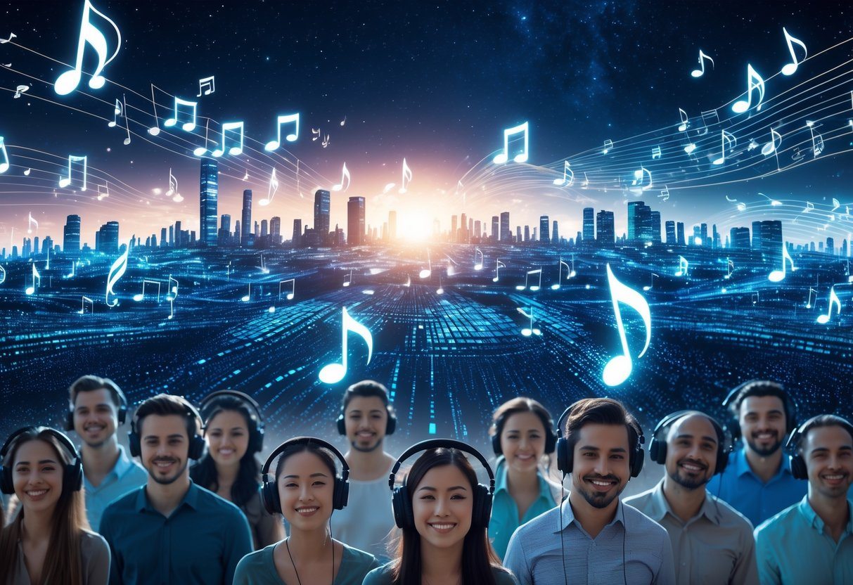 Cidade futurista feita de notas musicais e ondas sonoras com pessoas diversas ouvindo música usando fones de ouvido.