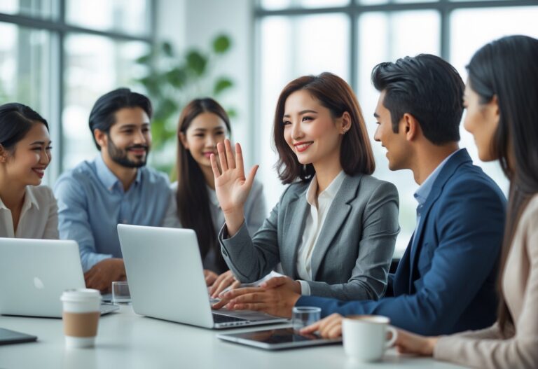 Mulher sorrindo e acenando para colegas em uma sala de reunião moderna e iluminada.