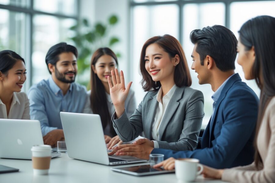 Mulher sorrindo e acenando para colegas em uma sala de reunião moderna e iluminada.
