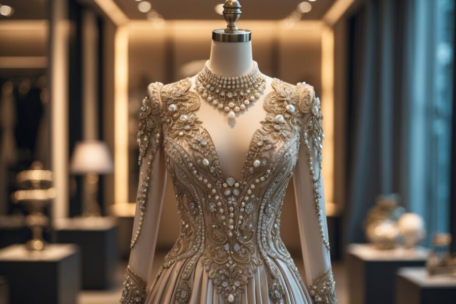 Vestido luxuoso e elegante exibido em uma boutique sofisticada, com detalhes brilhantes e materiais finos.