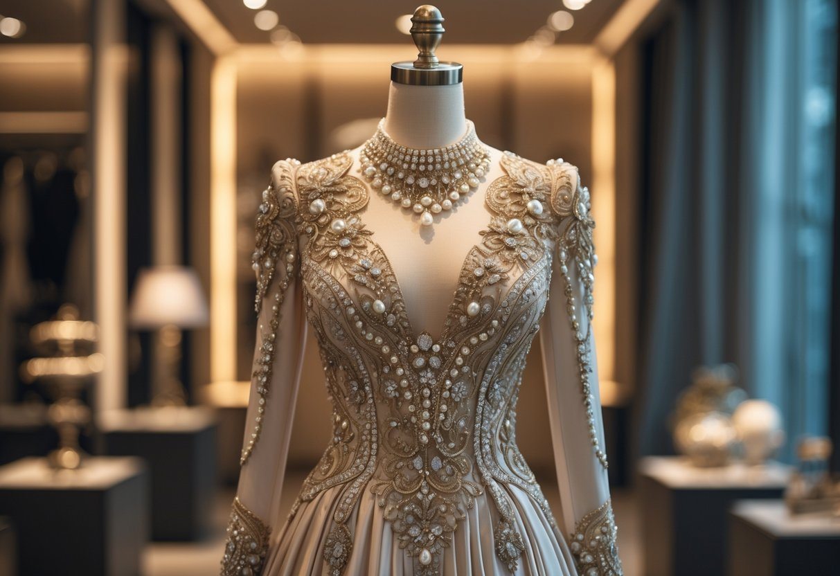 Vestido luxuoso e elegante exibido em uma boutique sofisticada, com detalhes brilhantes e materiais finos.