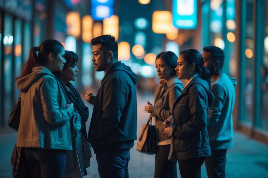 Uma mulher e um homem conversando discretamente em uma calçada à noite, em uma rua urbana com luzes de néon ao fundo.
