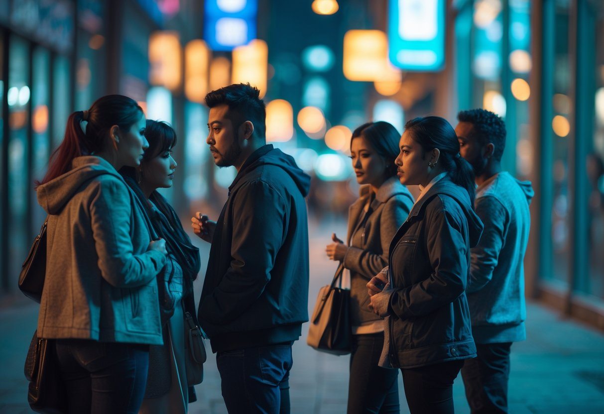 Uma mulher e um homem conversando discretamente em uma calçada à noite, em uma rua urbana com luzes de néon ao fundo.