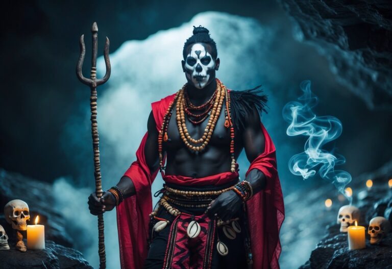 Homem com máscara de caveira e roupas vermelhas e pretas em uma caverna com iluminação dramática e elementos espirituais ao redor.