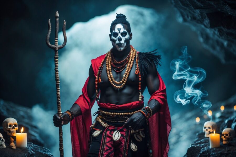 Homem com máscara de caveira e roupas vermelhas e pretas em uma caverna com iluminação dramática e elementos espirituais ao redor.