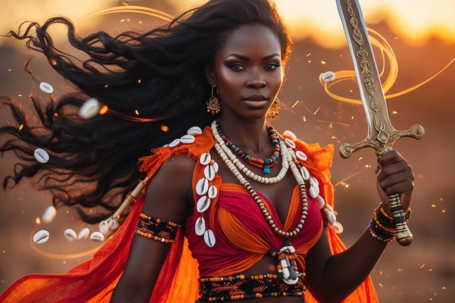 Mulher afro-brasileira vestida com roupas vermelhas e laranja, segurando uma espada, representando a orixá Iansã em um cenário com tons quentes e elementos de vento e fogo.
