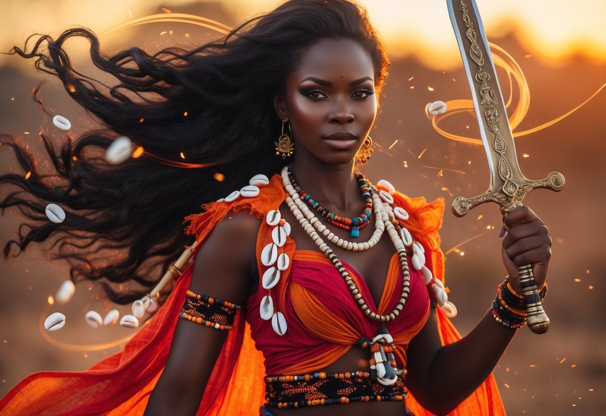 Mulher afro-brasileira vestida com roupas vermelhas e laranja, segurando uma espada, representando a orixá Iansã em um cenário com tons quentes e elementos de vento e fogo.