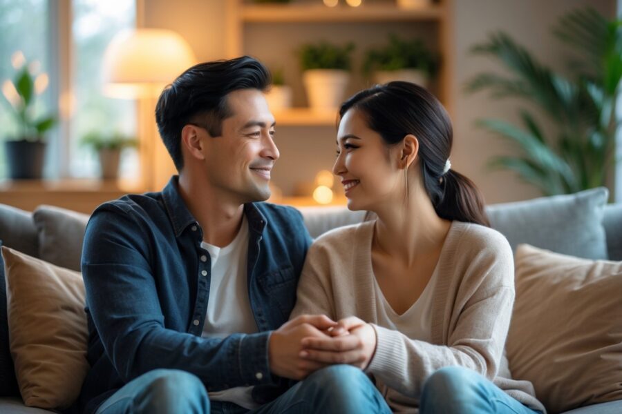 Casal feliz sentado junto no sofá de uma sala aconchegante, trocando olhares carinhosos e sorrindo um para o outro.