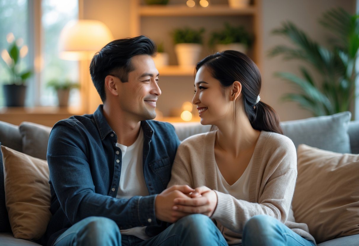 Casal feliz sentado junto no sofá de uma sala aconchegante, trocando olhares carinhosos e sorrindo um para o outro.