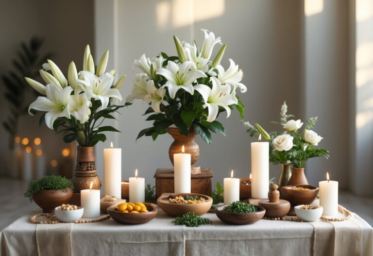 Altar de Umbanda com velas brancas, flores, oferendas e objetos simbólicos em um ambiente calmo e iluminado.