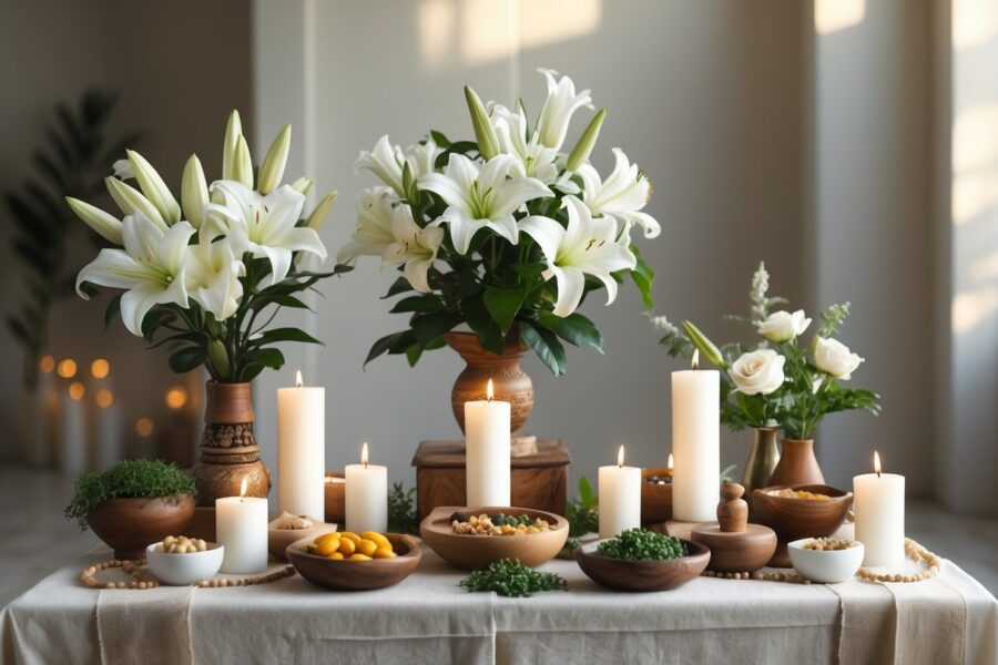 Altar de Umbanda com velas brancas, flores, oferendas e objetos simbólicos em um ambiente calmo e iluminado.