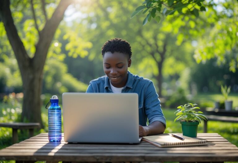 Pessoa usando laptop ao ar livre em um parque com árvores e plantas verdes, com itens ecológicos ao redor.