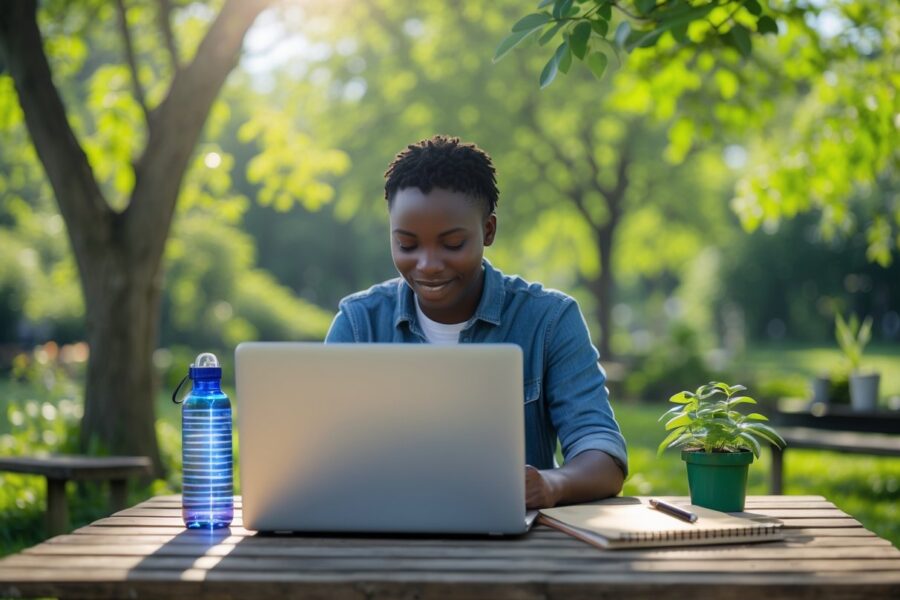 Pessoa usando laptop ao ar livre em um parque com árvores e plantas verdes, com itens ecológicos ao redor.