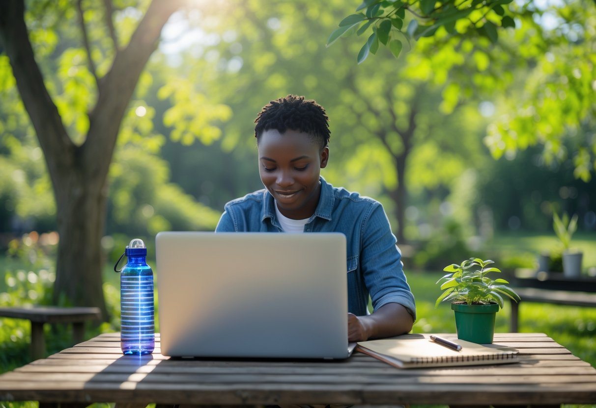 Pessoa usando laptop ao ar livre em um parque com árvores e plantas verdes, com itens ecológicos ao redor.