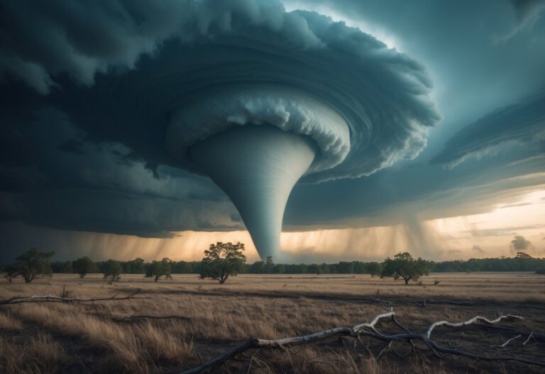 Tornado poderoso se formando em uma planície aberta sob um céu nublado e tempestuoso.