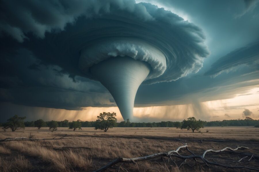 Tornado poderoso se formando em uma planície aberta sob um céu nublado e tempestuoso.
