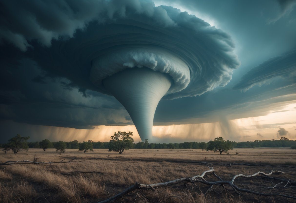 Tornado poderoso se formando em uma planície aberta sob um céu nublado e tempestuoso.