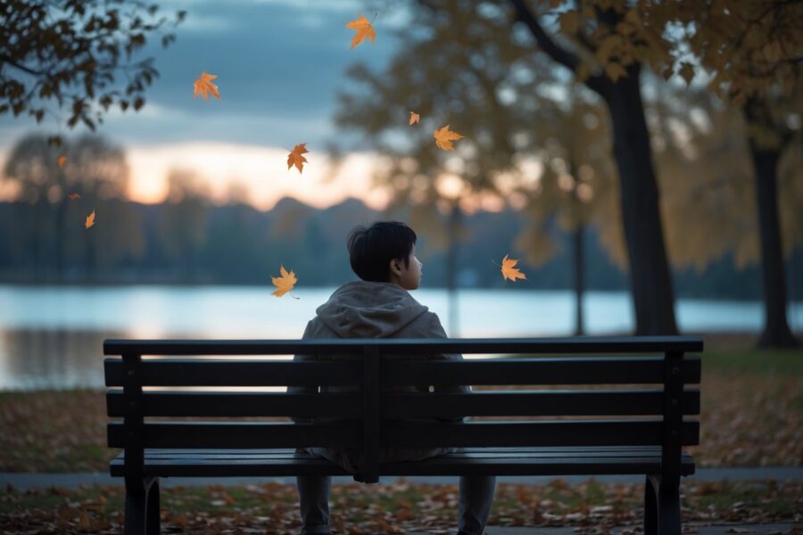 Pessoa sentada sozinha em um banco de parque ao entardecer, com expressão pensativa e ambiente tranquilo com folhas caindo ao redor.