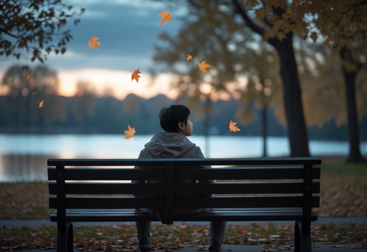 Pessoa sentada sozinha em um banco de parque ao entardecer, com expressão pensativa e ambiente tranquilo com folhas caindo ao redor.