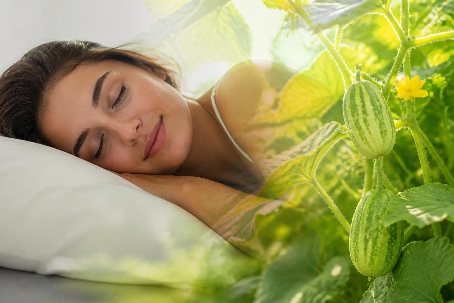 Pessoa dormindo tranquilamente com plantas de maxixe verdes ao fundo em um jardim iluminado pelo sol.