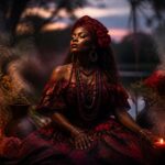 Uma mulher afro-brasileira vestindo roupas tradicionais coloridas em um ambiente natural ao entardecer, cercada por velas acesas e flores, com uma atmosfera espiritual e sonhadora.