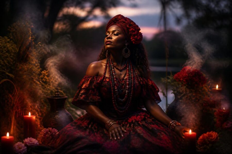 Uma mulher afro-brasileira vestindo roupas tradicionais coloridas em um ambiente natural ao entardecer, cercada por velas acesas e flores, com uma atmosfera espiritual e sonhadora.