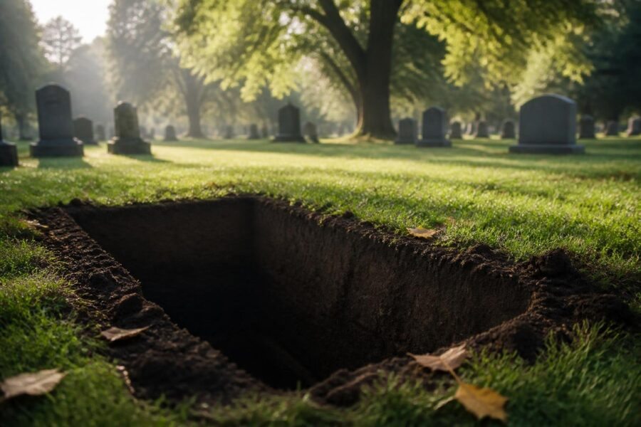 Uma cova aberta em um cemitério tranquilo com grama verde e árvores ao fundo em luz suave da manhã.
