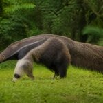 Um tamanduá gigante em pé sobre a grama verde, cercado por uma floresta tropical ao fundo.