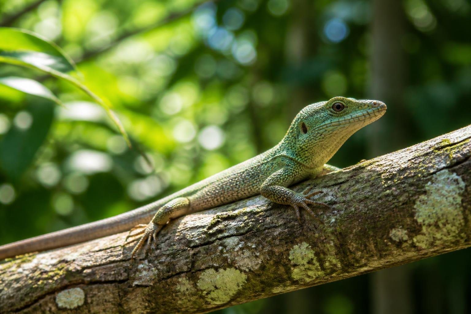 Um calango pequeno sobre um galho de árvore em uma floresta verdejante com luz natural suave.