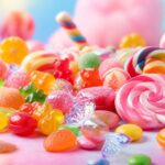 Várias balas doces coloridas espalhadas sobre uma superfície em tons pastel.