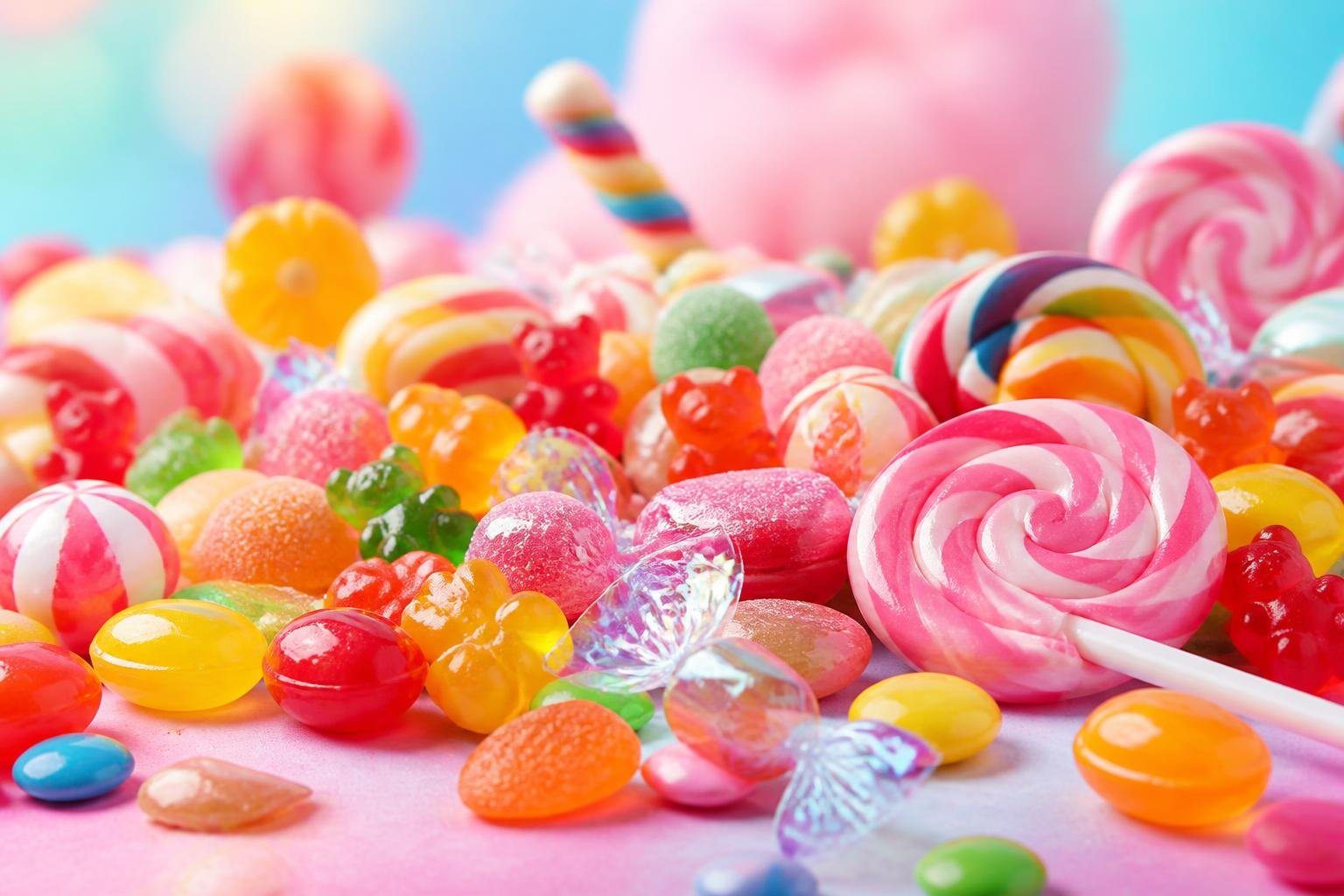 Várias balas doces coloridas espalhadas sobre uma superfície em tons pastel.