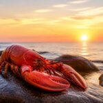 Uma lagosta vermelha repousa sobre pedras molhadas na beira do mar durante o nascer do sol.