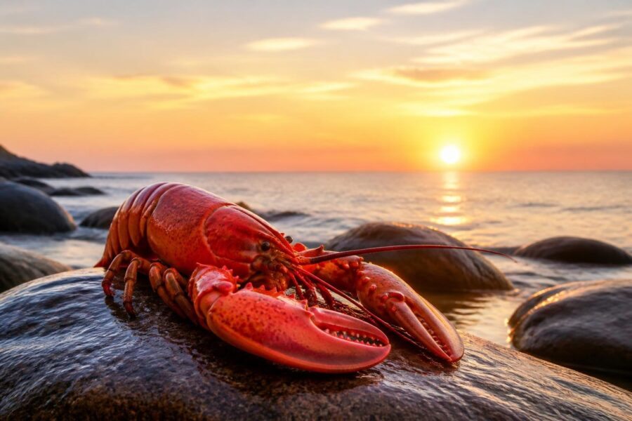 Uma lagosta vermelha repousa sobre pedras molhadas na beira do mar durante o nascer do sol.