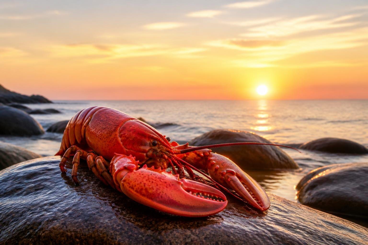 Uma lagosta vermelha repousa sobre pedras molhadas na beira do mar durante o nascer do sol.