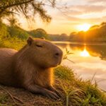 Uma capivara descansando tranquila à beira de um rio cercada por vegetação verde.