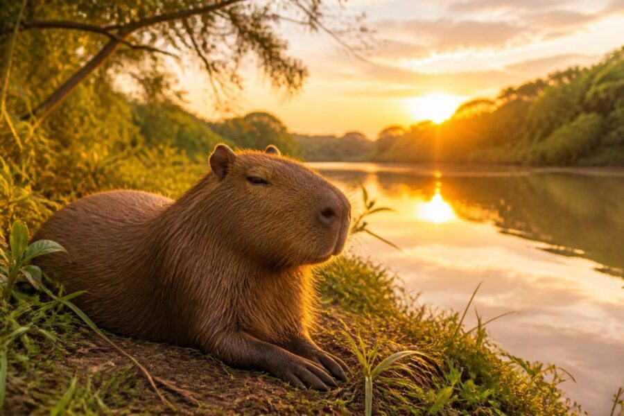 Uma capivara descansando tranquila à beira de um rio cercada por vegetação verde.