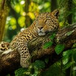 Um leopardo majestoso descansando em um galho de árvore cercado por folhagens verdes em uma floresta.