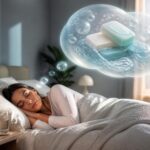 Pessoa dormindo tranquilamente em um quarto iluminado suavemente, com uma bolha de sonho flutuando contendo imagens de sabão e bolhas.