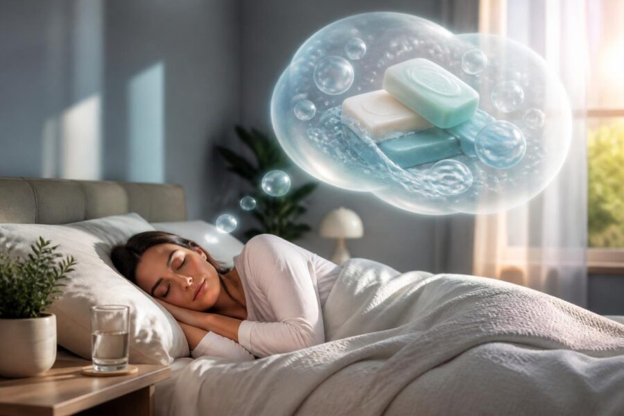 Pessoa dormindo tranquilamente em um quarto iluminado suavemente, com uma bolha de sonho flutuando contendo imagens de sabão e bolhas.