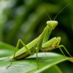 Louva-a-deus verde em uma folha verde em um ambiente natural.