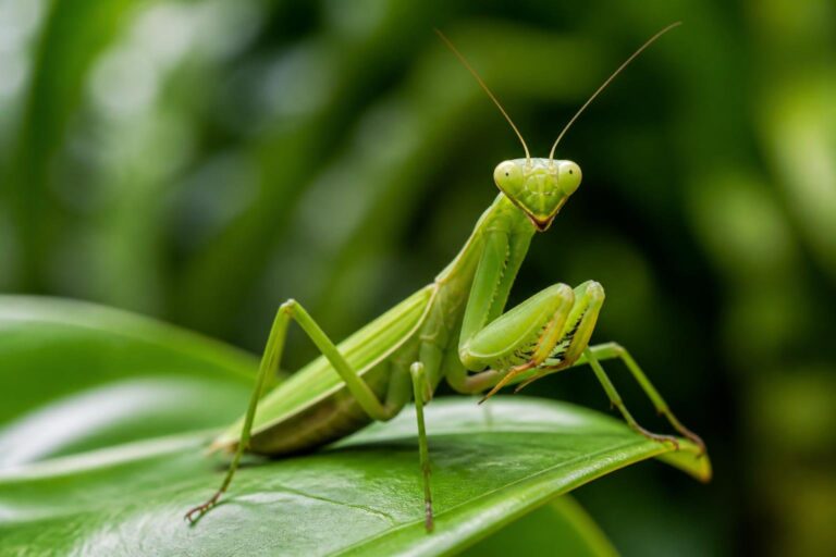 Louva-a-deus verde em uma folha verde em um ambiente natural.