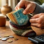 Mãos colocando dinheiro em uma meia colorida sobre uma mesa de madeira, simbolizando economia e poupança.