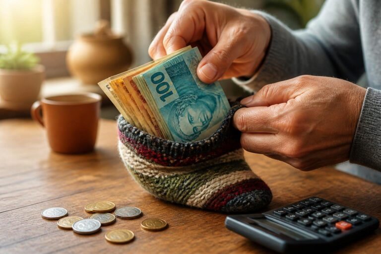 Mãos colocando dinheiro em uma meia colorida sobre uma mesa de madeira, simbolizando economia e poupança.