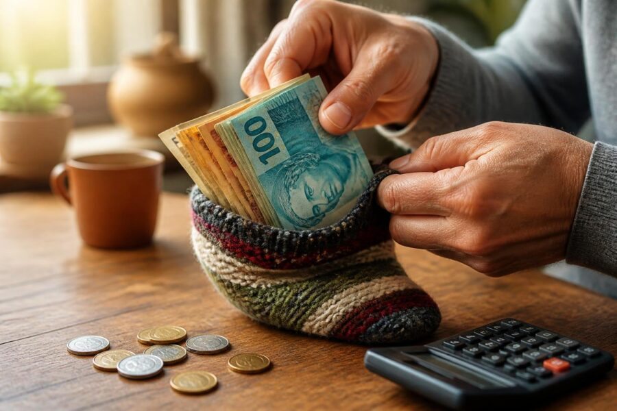 Mãos colocando dinheiro em uma meia colorida sobre uma mesa de madeira, simbolizando economia e poupança.