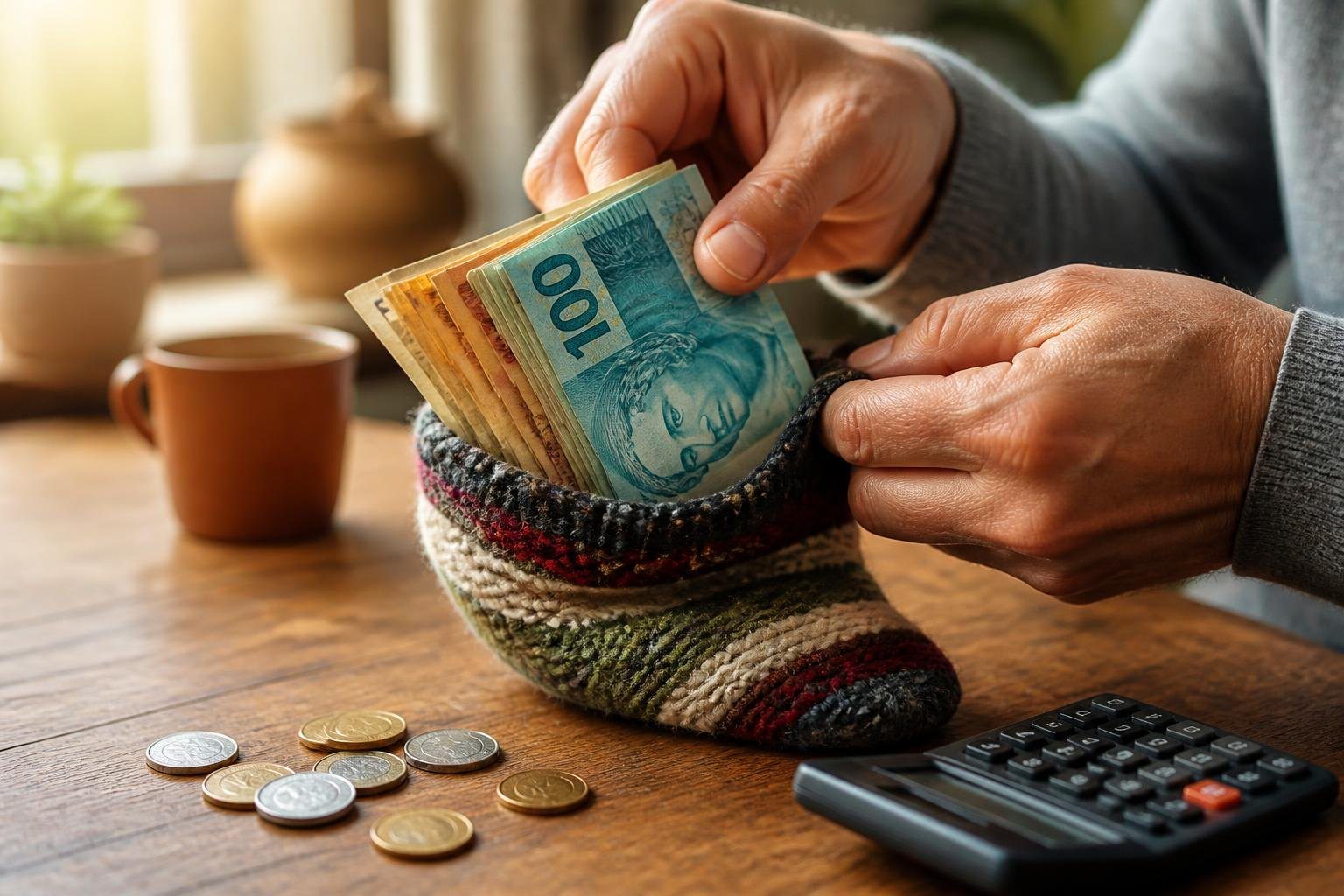 Mãos colocando dinheiro em uma meia colorida sobre uma mesa de madeira, simbolizando economia e poupança.
